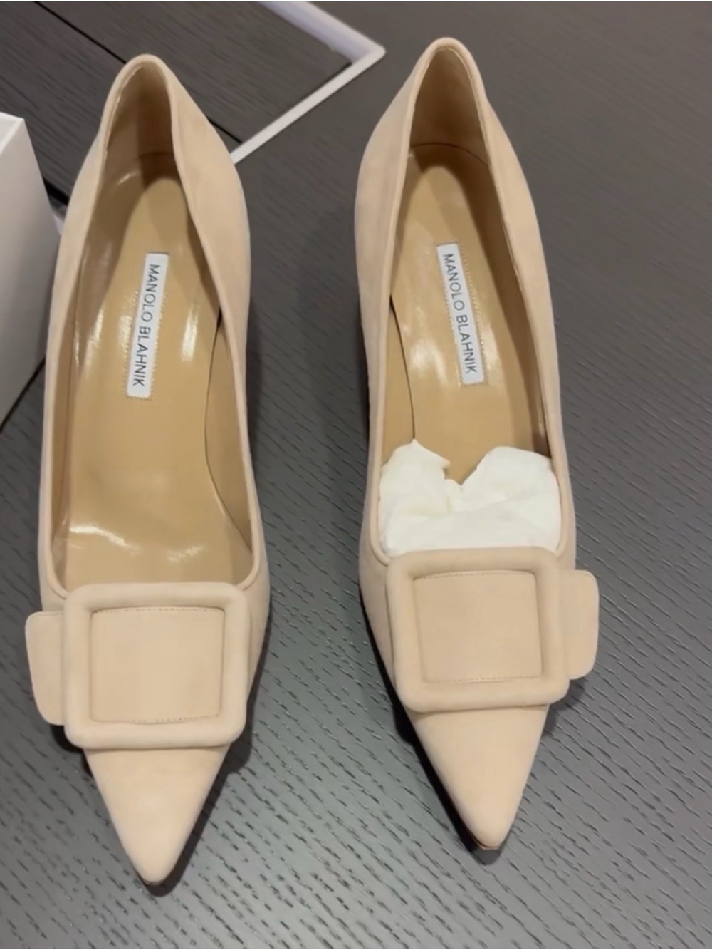 Manolo Blahnik Maysale Nude Pointed-Toe Buckle Pumps
